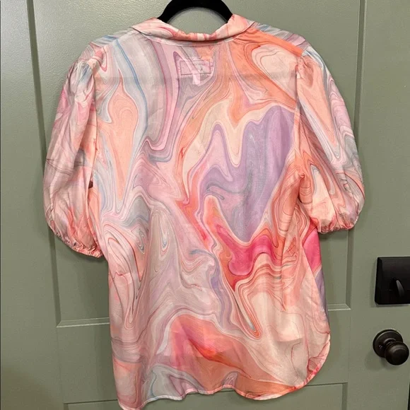 Johnny Was Pink and Purple Marble-Print Short Sleeve Button Down Top 100% SILK - Picture 4 of 5